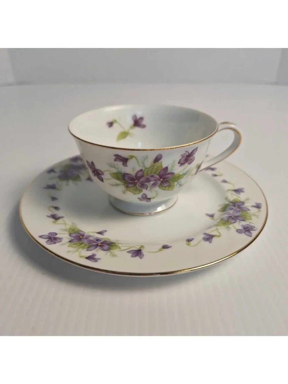 VINTAGE WENTWORTH CHINA JAPAN PURPLE FLORAL GOLD TRIM CUP AND SAUCER SET VIOLA
